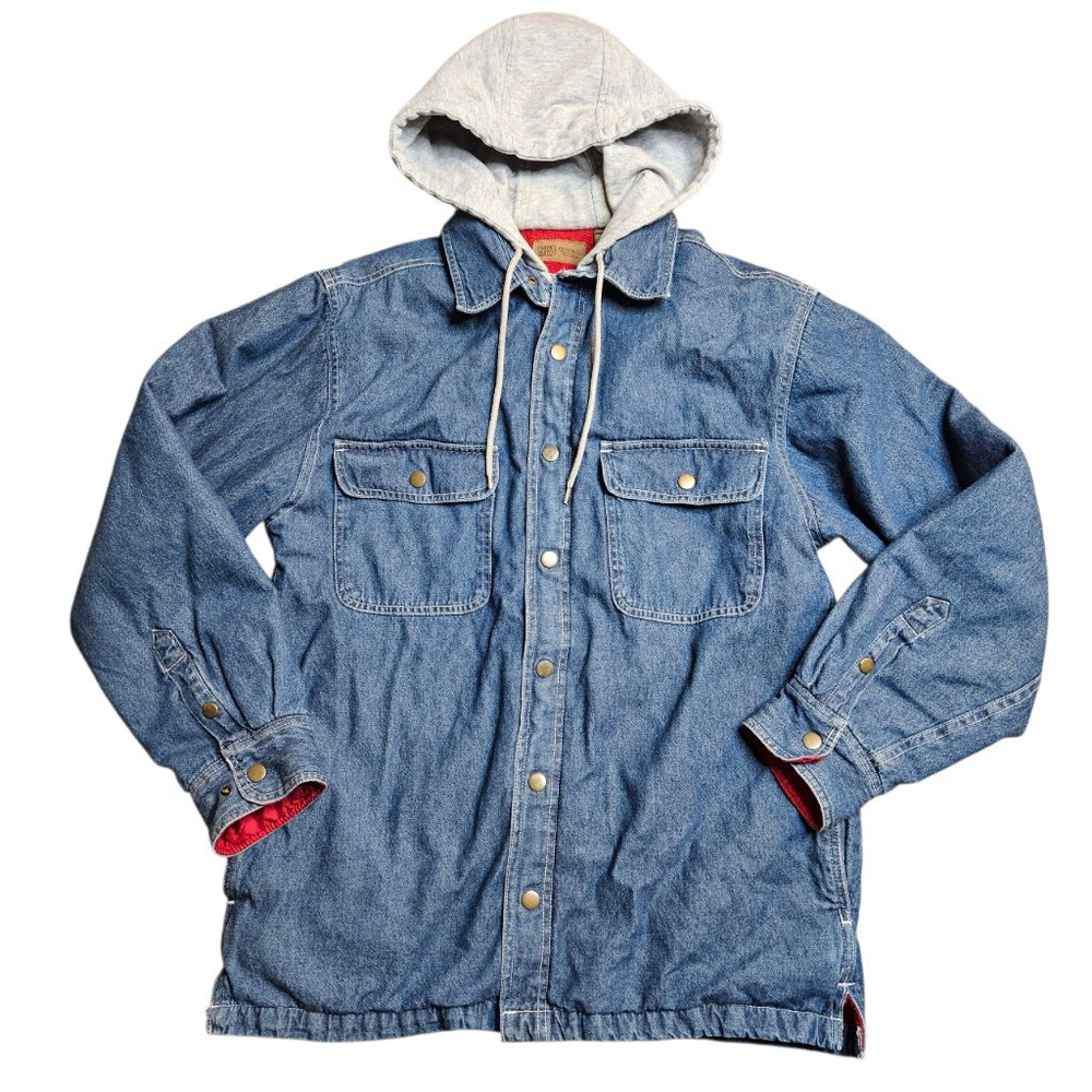 Men's Faded Glory Small Blue Denim Hooded Shirt Jacket - Picture 2 of 7
